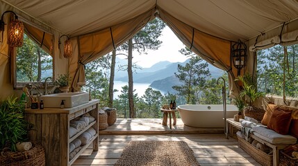 Obraz premium A bathroom in a glamping tent, with trees around and mountains and the sea visible in the background.