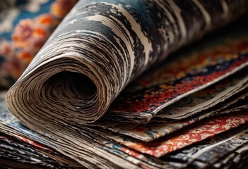 detailed close textured stacked newspapers showcasing intricate patterns layers print media, ink, design, layout, typography, publication, article, vintage