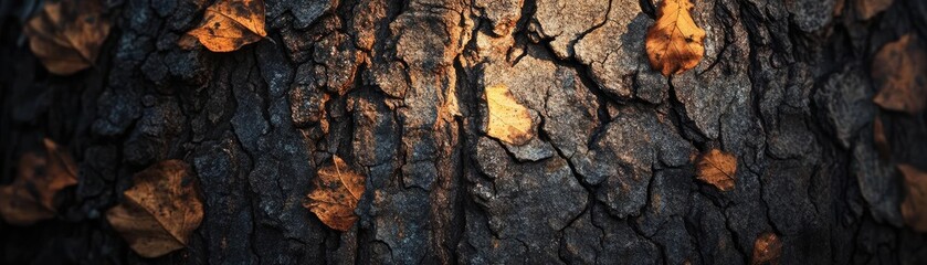 A close-up of textured bark with orange leaves, showcasing nature's beauty and intricate details of wood.