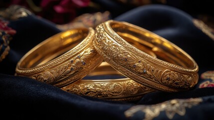 A set of ornate Indian gold bangles with detailed engravings, placed on a royal velvet surface, showcasing their cultural heritage and beauty
