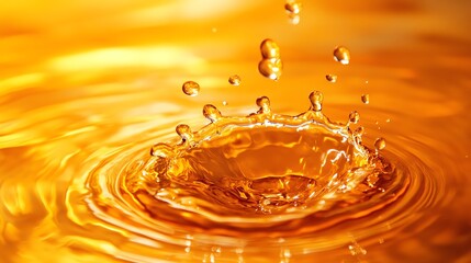 A stunning close-up of water droplets splashing in golden liquid, capturing motion and light, perfect for artistic or commercial use.