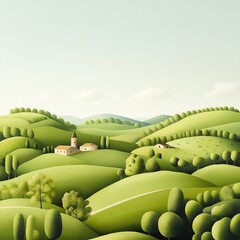 Obraz premium A serene landscape featuring rolling green hills, dotted with charming cottages and lush trees under a clear sky.