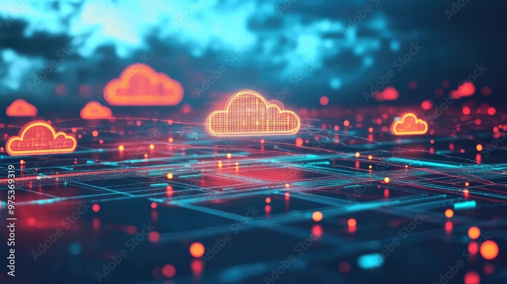 Poster illustration of cloud computing with interconnected data streams, representing big data transfer and