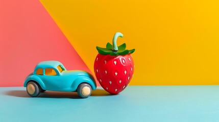 Toy car with a painted strawberry on a bright split tone background