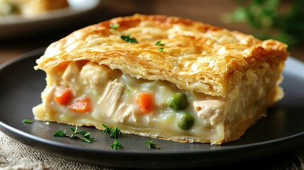 A slice of chicken pot pie on a plate, showing the creamy chicken and vegetable filling inside a perfectly flaky pastry crust. A satisfying homemade meal