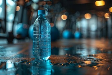 A simple, blue water bottle lying on its side in the gym