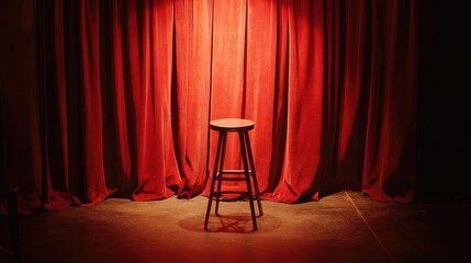 A spotlight shines on an empty stool at center stage, framed by rich red curtains in a quiet, theatrical setting.