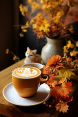 Cafe Latte with Fall Foliage, Cat Figurine, and Flowers In Vase On Wooden Table. Warm and Cozy Autumn Woodland Interior Composition, Natural Light and Shadow. Food Photography.