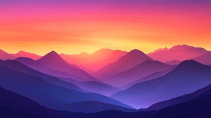 Obraz premium A stunning vector illustration of mountains silhouetted against a colorful sunset sky, featuring warm shades of orange, pink, and purple.