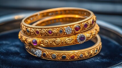 A stack of luxurious Indian gold bangles with intricate engravings and gemstone accents, arranged on a velvet surface, showcasing their decorative elegance