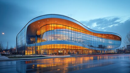 Obraz premium Modern architectural building with a unique design and warm lighting.
