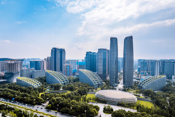 Naklejka premium Aerial Photography of the Twin Towers and Urban Skyline of Chengdu Financial City, Sichuan, China