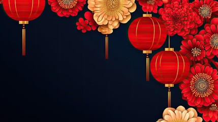 A black background with red and gold lanterns and flowers
