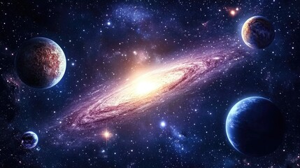 Fototapeta premium A galaxy with three planets and a spiral galaxy in the middle