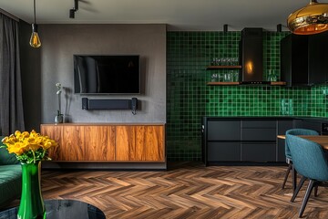 Photo of an apartment in green and black, modern interior design with wooden floor