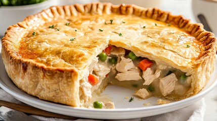 A whole chicken pot pie with a slice removed, revealing the savory filling of diced chicken, vegetables, and creamy sauce, all encased in a golden, flaky crust