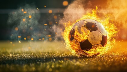 Fototapeta premium Soccer ball on fire, burning and smoke coming out from it, on the football field with a blurred background