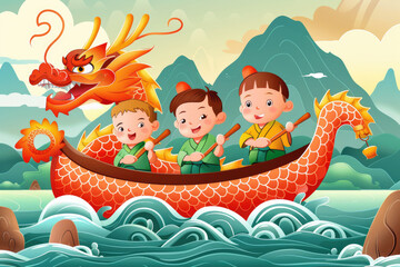 Fototapeta premium Illustration of Loong Boat Competition, a traditional Chinese festival