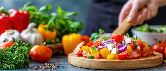 Fresh Colorful Salad Ingredients On Wooden Cutting Board