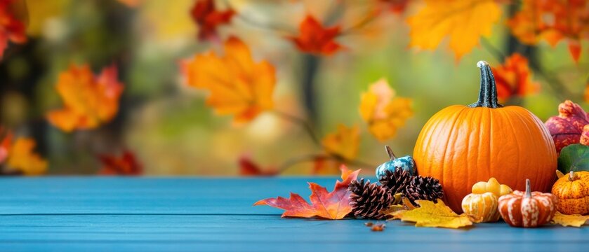 Autumn Pumpkin on Blue Tabletop