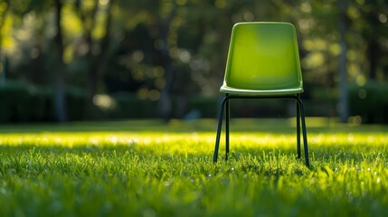 A simple, green plastic chair standing alone on a vibrant, grassy lawn