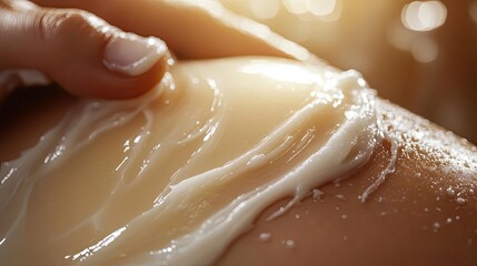Fototapeta premium Close-up of creamy moisturizer being applied to skin, showcasing texture and nourishment for a luxurious self-care experience.