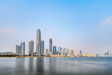 Fototapeta premium Slow Gate Scenery of Fushan Bay Architectural Complex in Qingdao, Shandong, China