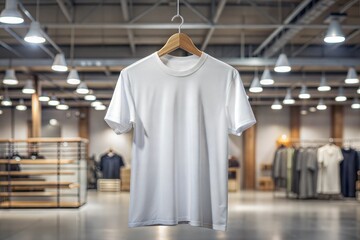 White t-shirt on hanger in a modern retail store, fashion display

