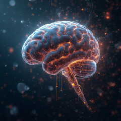 Obraz premium A striking abstract visualization of AI depicted as a radiant futuristic brain, enveloped by floating digital fractals and data streams. This image symbolizes the merging of human intelligence