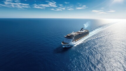 Naklejka premium Aerial view of a massive cruise liner cruising through the open sea, with a clear blue sky and endless horizon