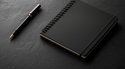 A black spiral notebook and a pen rest on a textured dark surface, evoking simplicity and elegance for note-taking or journaling.