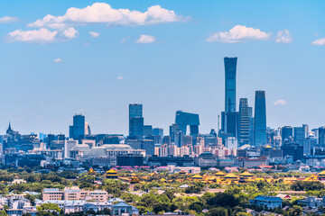 High view scenery of Beijing International Trade CBD and the Forbidden City in China	