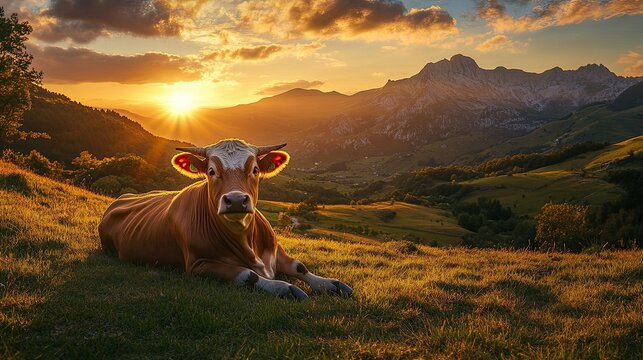 An Asturian Mountain cow relaxes on a grassy lawn, framed by the golden hues of a national park at sunset. Mountains rise in the background.