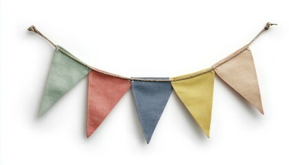 A string of five colorful fabric bunting flags in green, pink, blue, yellow, and orange hangs on a white background.