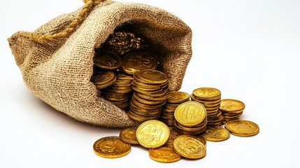 An open treasure sack with a small pile of gold coins and stacks beside it. Simple white background makes the coins pop, representing financial success.