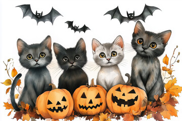 Fototapeta premium Four adorable kittens posing with halloween pumpkins and bats
