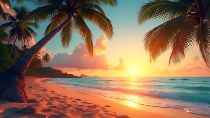 Tropical beach at sunset, with palm trees silhouetted against a vibrant sky filled with clouds. Perfect for travel, relaxation, and nature-themed projects.