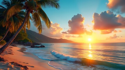 Tropical beach at sunset, with palm trees silhouetted against a vibrant sky filled with clouds. Perfect for travel, relaxation, and nature-themed projects.