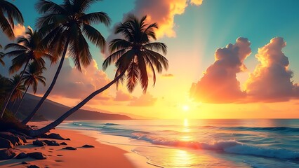 Tropical beach at sunset, with palm trees silhouetted against a vibrant sky filled with clouds. Perfect for travel, relaxation, and nature-themed projects.
