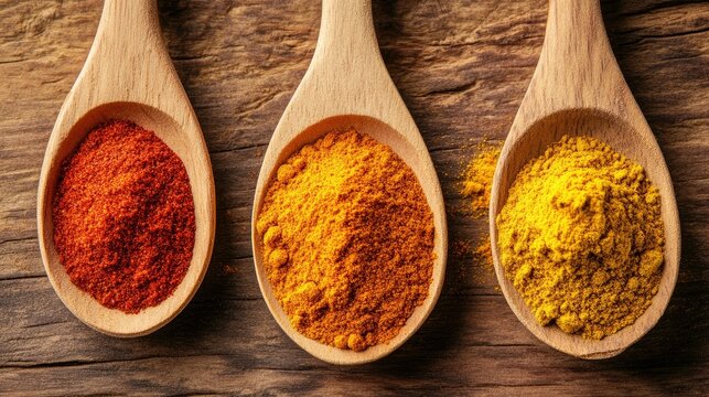 Assorted powder spices like paprika, turmeric, and cumin in wooden spoons, flat lay on a textured wooden background. Earthy tones in focus.
