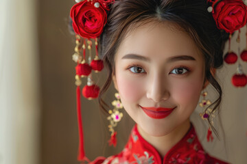 Naklejka premium A young Chinese woman, close-up photo of her head with a red background