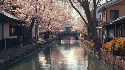 A canal in Japan with cherry blossom trees in bloom, a bridge, and traditional Japanese houses along the banks.