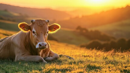 Asturian Mountain cattle cow lounging in the golden glow of sunset, with lush green grass and a tranquil national park setting in the background.