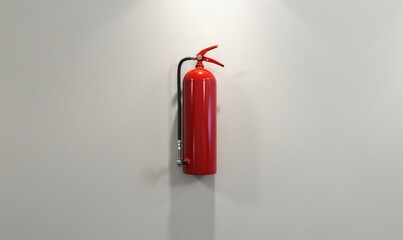 A simple, red fire extinguisher mounted on a stark, white wall