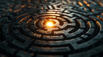 Glowing center of a dark labyrinth, mysterious light. Puzzle concept