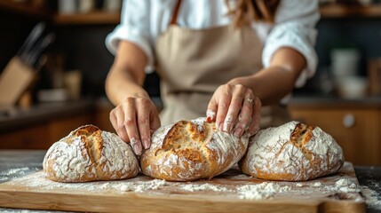 Freshly Baked Bread Loaves with Flour on Wooden Cutting Board
