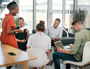 Fototapeta premium Creative, collaboration or business people with laughing in presentation for design strategy or online campaign management. Graphic designer, funny or diversity in boardroom for project brainstorming