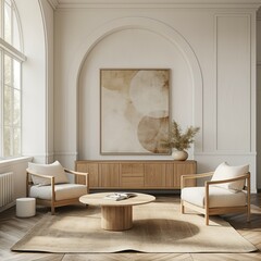 Modern living room with armchair, home interior design with furniture and coffee table