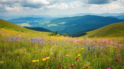 Fototapeta premium Breathtaking colorful mountain landscape with rolling hills and vibrant wildflowers, a dream destination for nature lovers