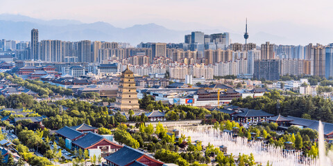 High perspective urban skyline scenery of the Big Wild Goose Pagoda in Xi'an, Shaanxi, China